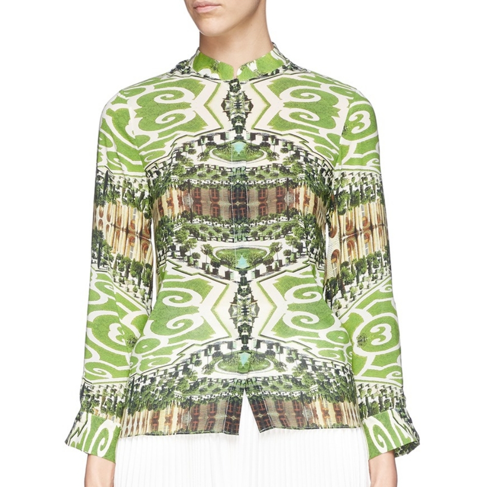 Alice + Olivia Green and White Patterned Long-Sleeve Blouse